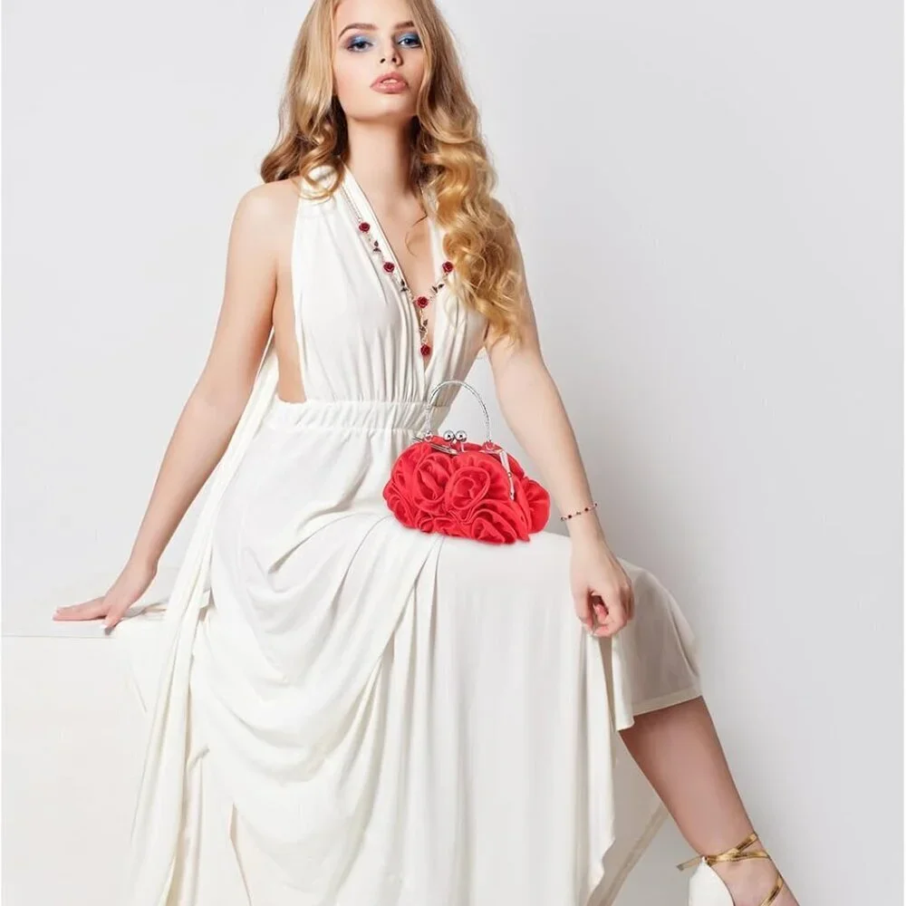 Women Rose Clutch Purse Jewelry Set Satin Evening Handbag Gift for Weddings